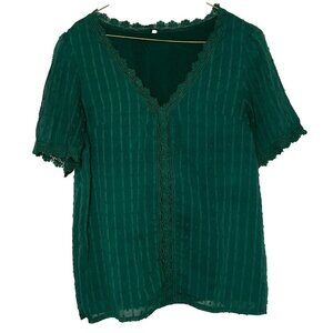 Farysays Top sz L V Neck Sheer Lined Crochet Trim Forest Fairy Dark Green